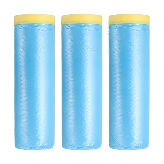 uxcell Pre-Taped Masking Film, 4.9ft x 66ft Plastic Paint Drop Cloth with Medium-Tack Painters Tape for Painting Spraying Protection Blue Film 3Pcs