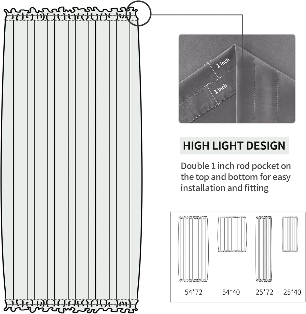 DWCN French Door Curtains – Rod Pocket Thermal Blackout Curtain for Doors with Glass Window, Kitchen and Patio Doors for Privacy, 25 X 40 Inches Long, 1 Curtain Panel with Tieback, Grey
