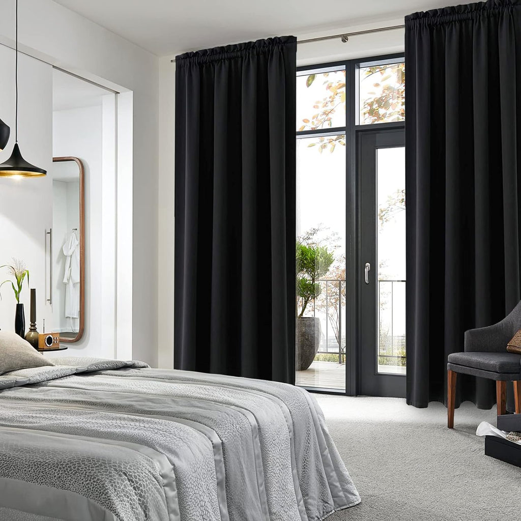 DWCN Black Blackout Curtains for Bedroom, 60 x 84 inches Long - Room Darkening Thermal Insulated Large Drapes, Set of 2 Rod Pocket Curtain Panels