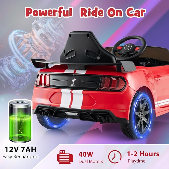 Costzon Ride on Car, 12V Licensed Ford Mustang Shelby GT500 Kids' Electric Vehicles w/Remote Control, USB Port, Radio, Music, Player, High Low Speed & Soft Start, Racing Kids Car for Toddlers (Red)