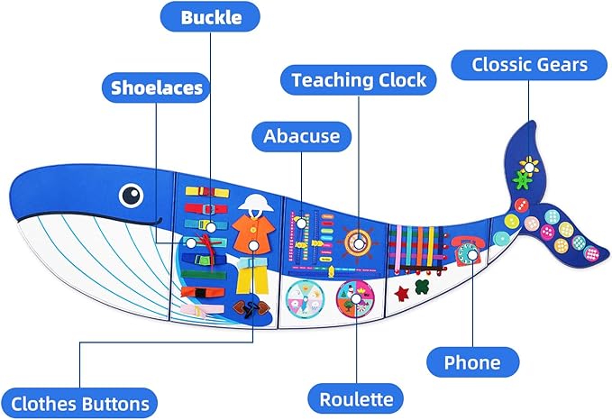 Whale Busy Board Montessori Busy Board, Sensory Toys Toddler Toys Sensory Wall Activity for Toddler- Preschool Learning Panel Center for Kids 3+ Year Old Boys Gifts Girls Gifts(Birthday Christmas) ﻿
