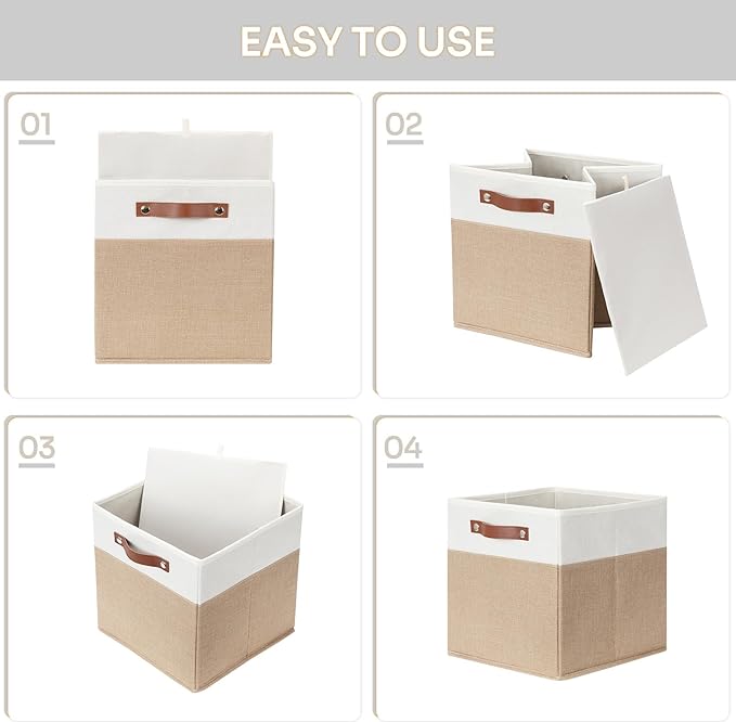 HNZIGE Fabric Baskets for Organizing 13x13 Storage Cubes, Set of 4 Fabric Foldable Canvas Storage Bins for Shelves, Cloth Storage Bins for Cube Organizers Toy Nursery Closet Bedroom?Beige&White?