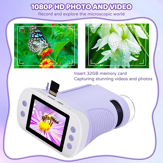 Mini 3-in-1 Pocket Microscope with Camera & Telescope, 32GB SD Card, 2.4" IPS HD Screen, Handheld Digital Microscope for Kids, Educational Science Kit, Christmas Birthday Gift for Boys Girls Ages 3-9