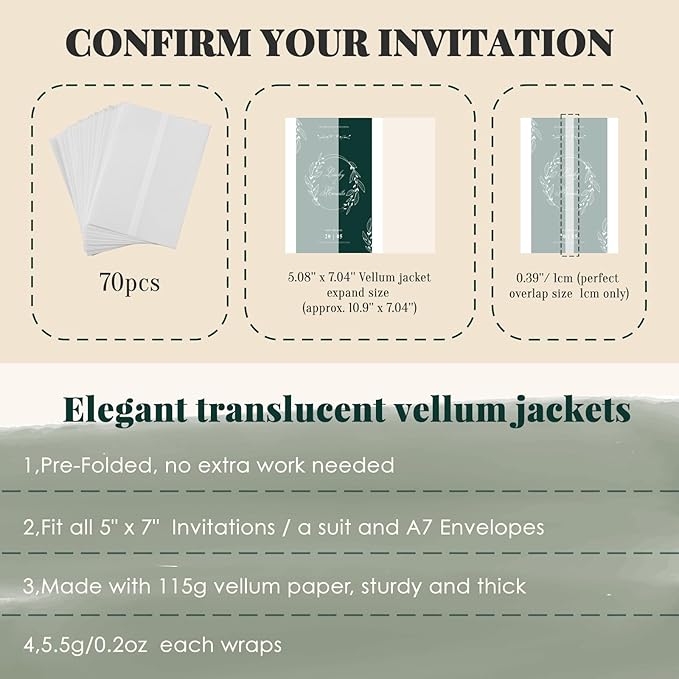 UNIQOOO 70 Pack Vellum Jackets for 5x7 Invitations, Elegant Pre-Folded Vellum Paper, 115GSM Frosted Vellum Cover Wedding Envelopes, Vellum Wraps