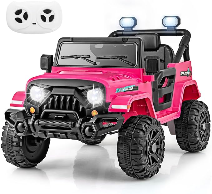 Costzon 12V Kids Ride on Truck Car, Electric Vehicle w/Remote Control, Threaded Wheels, 3 Speeds, LED Lights, Music, Horn & Wireless Connection, Battery Powered Ride on Toy for Boys & Girls 3+ (Pink)