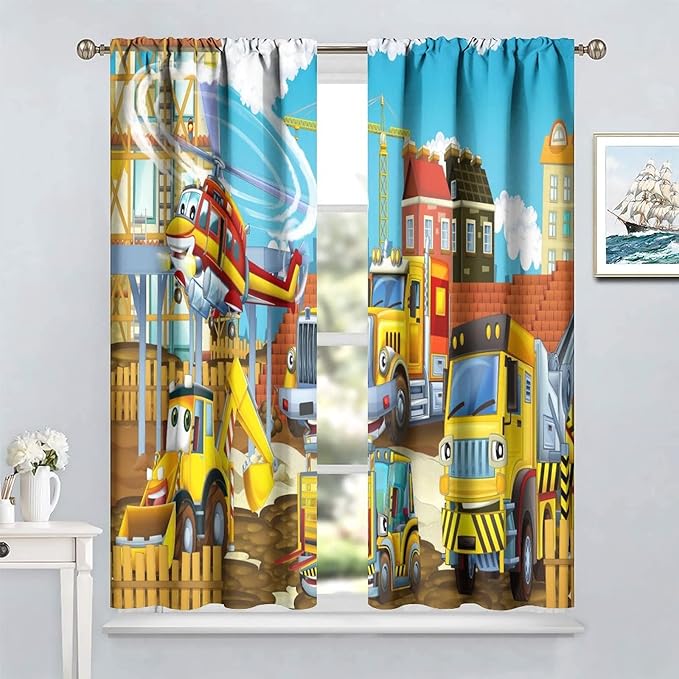 Kids Cartoon Construction Window Curtains, Funny Construction Site Cars and Helicopter Rod Pocket Decorative Windows Curtain for Children Teens Room Decor 84x84in (30% Blackout)
