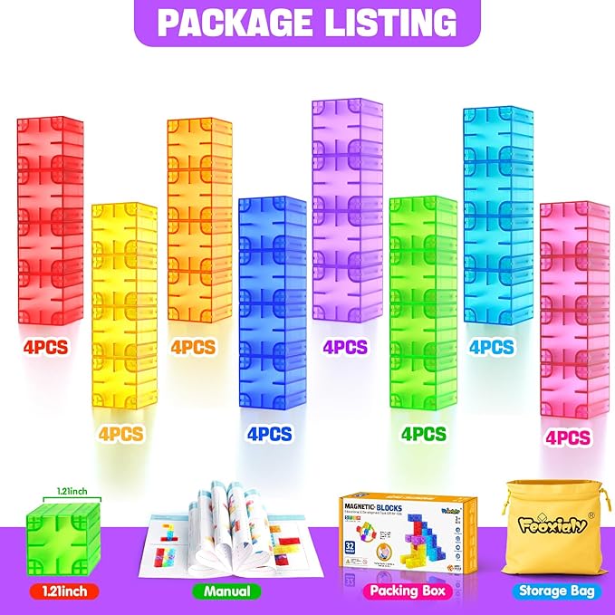 Magnetic Blocks - 32pcs Translucent Magnetic Building Blocks for Toddlers 1-3, STEM Rainbow Magnet Cubes for Kids Ages 2-4, Magnet Toys for Kids 3-5, Christmas Birthday Gifts for Girls & Boys