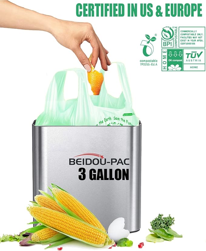 100% Compostable Trash Bags, 3 Gallon Compost Bags Small Kitchen Trash Bags with Handle, 100 Count Sturdy Biodegradable Garbage Bags Food Scrap Waste Bags, ASTM D6400, US BPI Certified