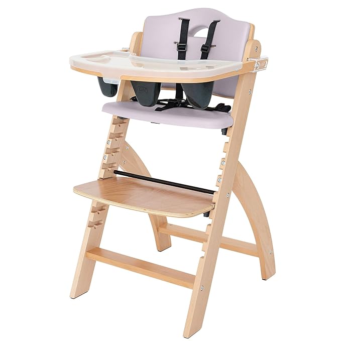 Abiie Beyond Junior Wooden High Chair with Tray - Adjustable and Convertible High Chair for Babies and Toddlers - 6 Months to 250 Lb - Water Resistant - Natural Wood with Lilac Cushion