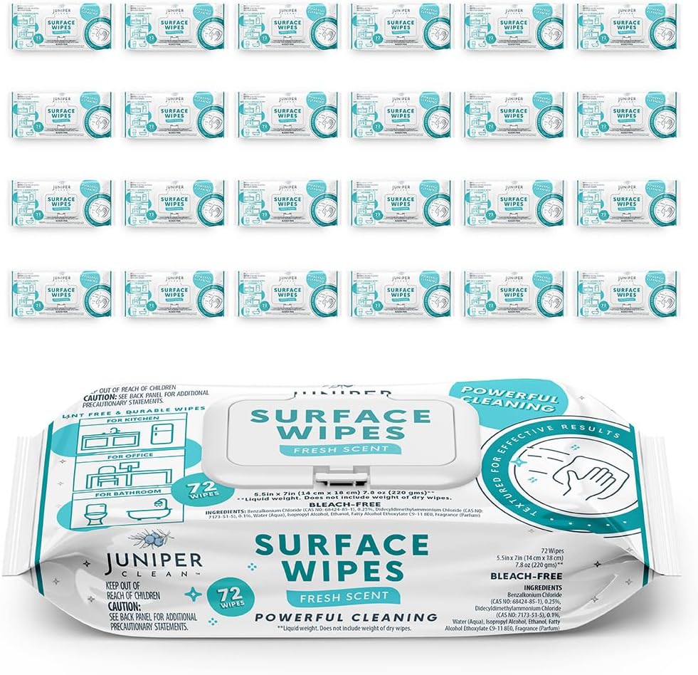 24 Pack Surface Cleaning Wipes Bleach Free, All-Purpose Cleaner for Bathroom, Kitchen, Office, 1728 Count Soft Flow, Fresh Scent, Bleach Free, Lint Free, Durable