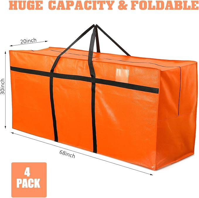 4 Pcs 176 Gallon Large Moving Bags with Zipper and Handles Foldable Storage Duffle Bags Heavy Duty Extra Large Totes for College Dorm Travel Clothes Blankets Bedding Moving (Orange)