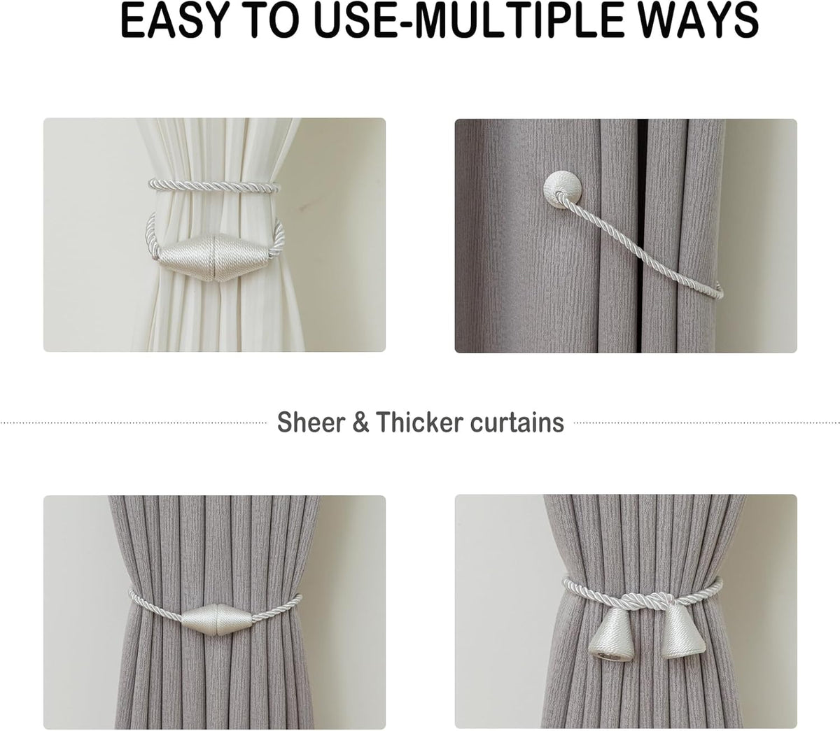 Magnetic Curtain Tiebacks 8 Pack Outdoor Rope Curtain Tie Backs Decorative Window Treatment Holdbacks for Home Decorative Curtain, White