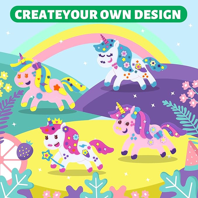VKPI 4 Pieces EVA Foam Art Crafts Gift Kit, Make Create Your Own Unicorns, Cartoon Foam Paper Craft Projects for Kids Ages 4+ Toddler, Preschool Learning Toy for Birthday Party Favor Supplies
