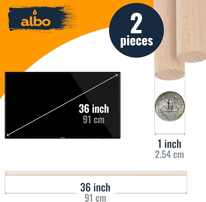 ALBO 1" x 36" Wooden Dowel Rods Set - 2 Pack Birch Natural Long Hardwood Craft Sticks Railings Supports Garden Structures Sanded Smooth Versatile Woodworking Furniture Decor DIY Projects