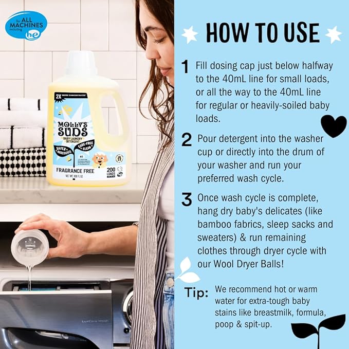 Molly's Suds Baby Liquid Laundry Detergent | Removes Formula, Poop & Spit-Up Stains | Extra Gentle for Infants, Babies, Toddlers (Fragrance Free, 100 Loads)