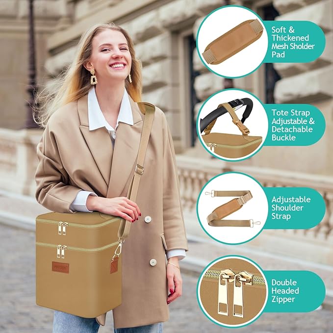 PIIOSER Breastmilk Cooler Bag with Ice Pack Fits 6 Baby Bottles Up to 9 Ounce, Insulated Baby Bottle Tote Bags, Double Layer Waterproof Leak-Proof with Shoulder Strap for Nursing & Working Mom (Brown)