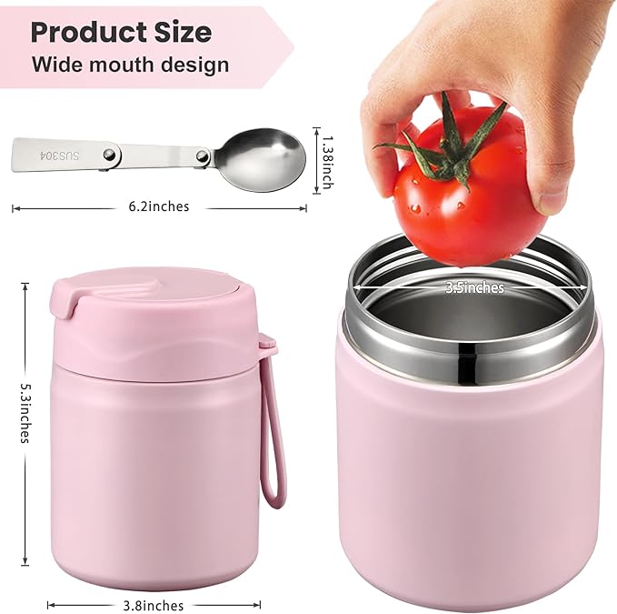 17oz Soup Thermo for Hot Food Kids,Insulated Food Jar with Spoon,Thermo Hot Food Lunch Container,Wide Mouth Leakproof Stainless Steel Lunch Box for School-Pink
