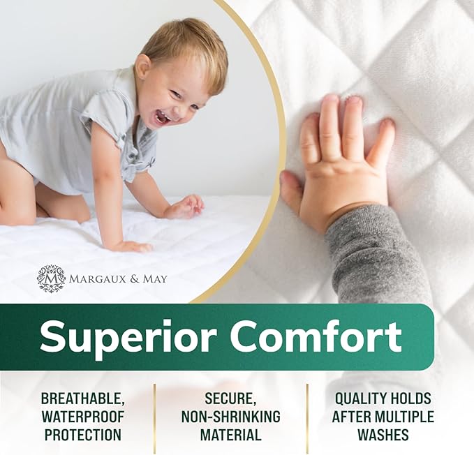 Crib Mattress Protector Pad - Ultra-Soft Waterproof Breathable Premium Bamboo Rayon - Noiseless Fitted Dryer Safe Cover. High Absorbency Oeko-TEX Certified (28 x 52 x 9 inches) MARGAUX & MAY