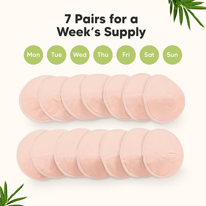 Organic Nursing Pads - 14 Washable Viscose Derived from Bamboo Breastfeeding Pads, Wash Bag, Reusable Breast Pads for Breastfeeding, Nipple Pads for Breastfeeding Essentials(Pink Sand, L 4.8")