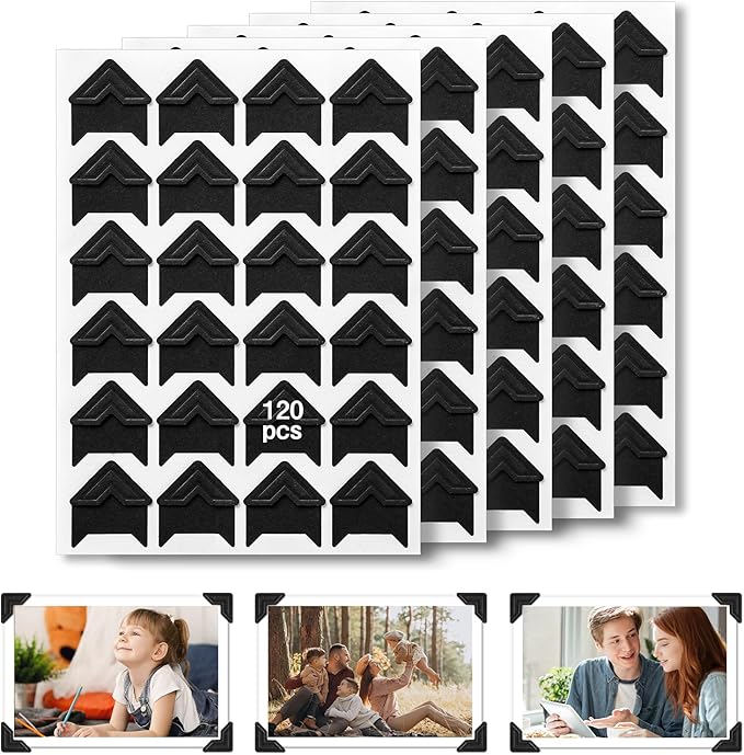 CHIALLCO Acid Free Photo Corners Self-Adhesive, 120 Pcs Premium Photo Corners for Scrapbooking, Black Photo Picture Mounting Corners for Photo Album, DIY Scrapbook Stickers, Memory Books, Diary