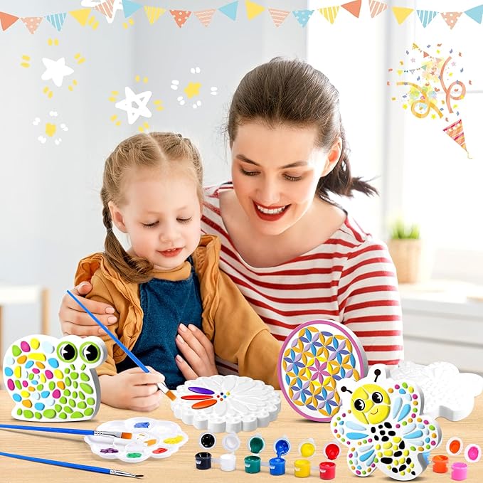 6 Pack Paint Your Own Plaster Stones - Kids Summer Arts and Crafts Garden Handprint Stepping Stone Painting Kit DIY Ceramic Craft Pottery Outdoor Painting Gifts for Kids Ages 4-12