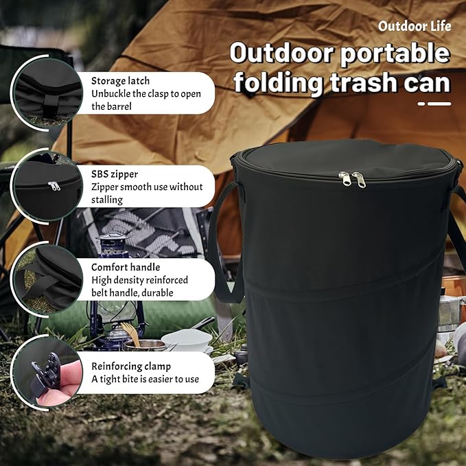 Pop up Camping Trash can with lid, 2-Pack Collapsible 24 Gallons Trash can with Sorting Clips, Garden Garbage Bag with Lid, Lawn and Leaf Bags - Reusable Yard Waste Bags (2Pcs-Black)