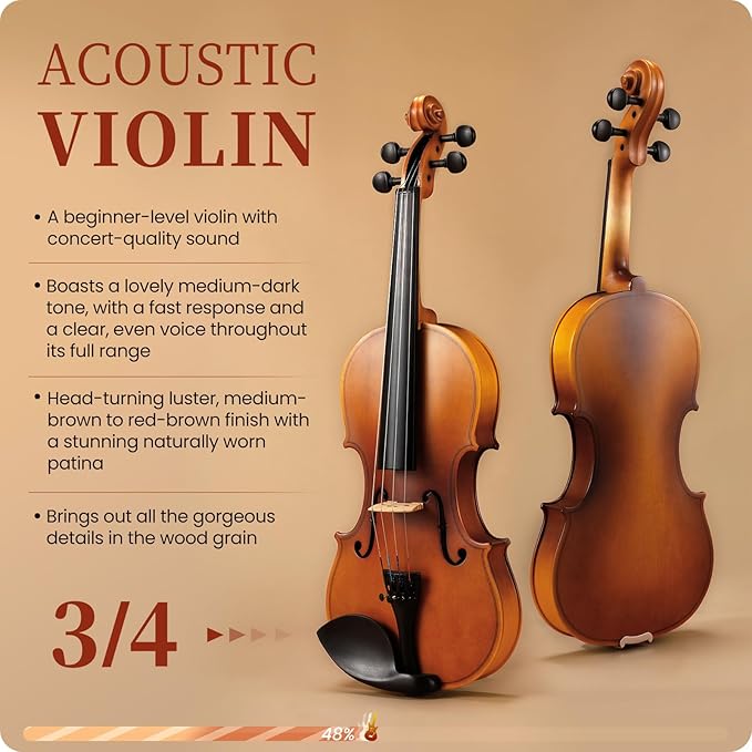 Fesley Violin Fiddle Beginner Set: 3/4 Matt Violin Kit for Student, Acoustic Violin with Hard Case, Solidwood Hand Made Starter Kit with Bow, Rosin, Shoulder Rest, Tuner, Extra Strings