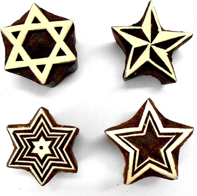 Shining Four Stars Wooden Blocks Stamps for Printing on Textiles, Pottery Crafts,Henna, Scrapbooking (Set of 4)