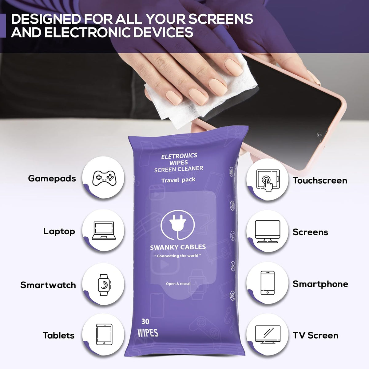 Screen Cleaner Wipes: Electronic Wipes for Screens - Computer Screen Wipes for Lens, Phone, Tv Screen and Monitor Cleaning - Tech Wipes & Microfiber Cloth (Soft Wipes, 30 Count)
