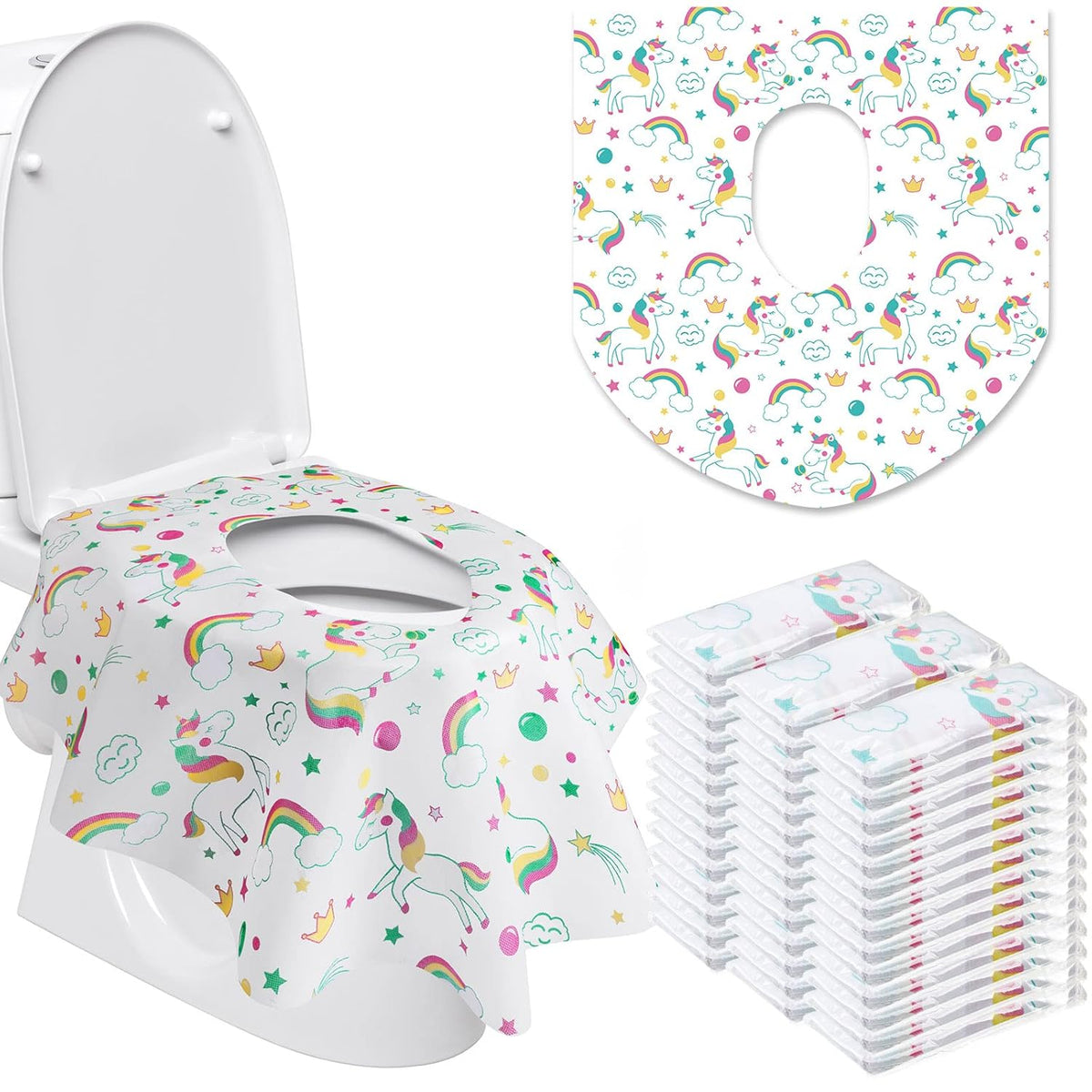 50 Packs Disposable Toilet Seat Covers Extra Large Individually Wrapped for Kids and Adults, Portable Non Slip Waterproof Potty Seat Covers for Toddlers Potty Training, Travel (Unicorn)