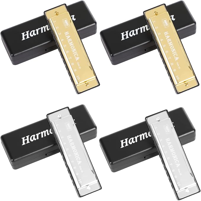 UPINS Harmonica, 4PCS Key of C 10 Hole 10 Tones Titanium Color Harmonica with Case for Beginner (Gold, Silver)