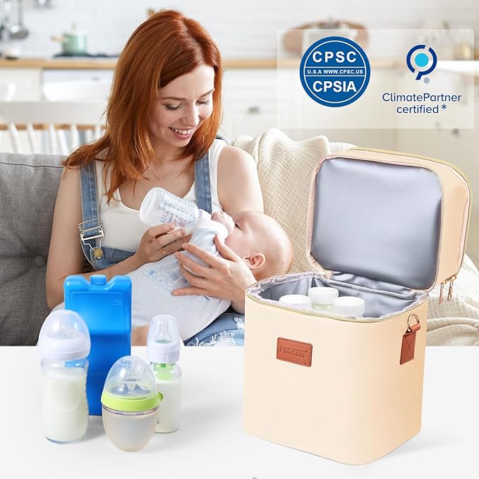 PIIOSER Breastmilk Cooler Bag with Ice Pack Fits 6 Baby Bottles Up to 9 Ounce, Insulated Baby Bottle Tote Bags, Double Layer Waterproof Leak-Proof with Shoulder Strap for Nursing & Working Mom (Cream)