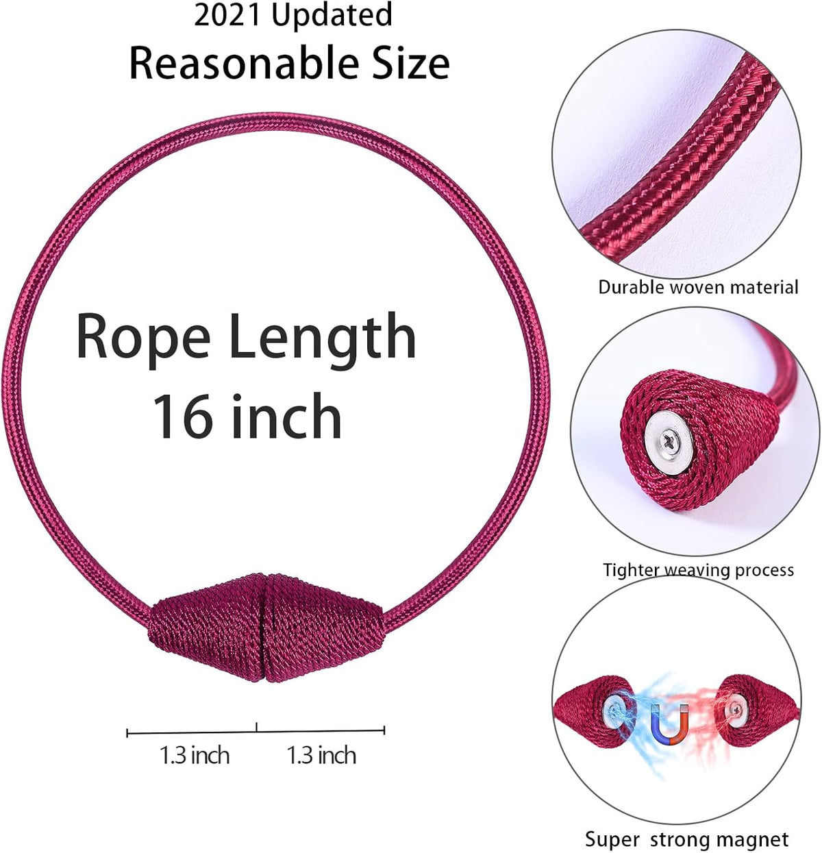 2 PCS Magnetic Curtain Tiebacks, European Style Convenient Drape Tie Backs Holdbacks for Thin or Thick Home & Office Window Draperies, No Tools Required-Burgundy