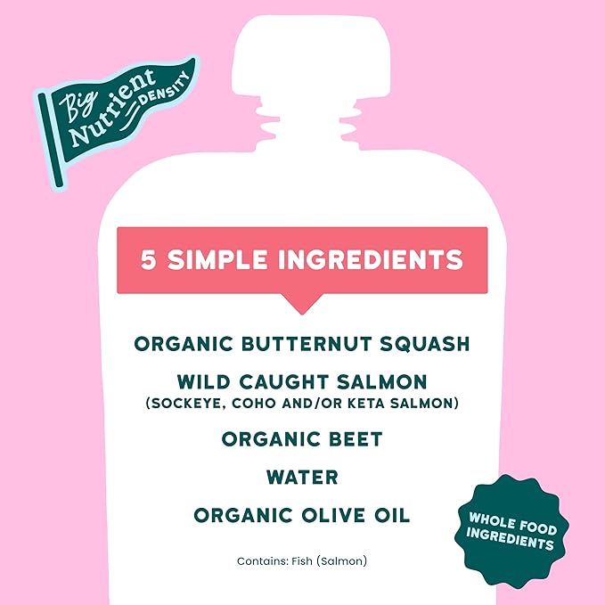 Serenity Kids 6+ Month Salmon Baby Food Pouches - Wild-Caught Salmon & Organic Butternut Squash & Beet Puree - BPA-Free Food Pouches for Baby - 3.5 Oz, 12 Pack