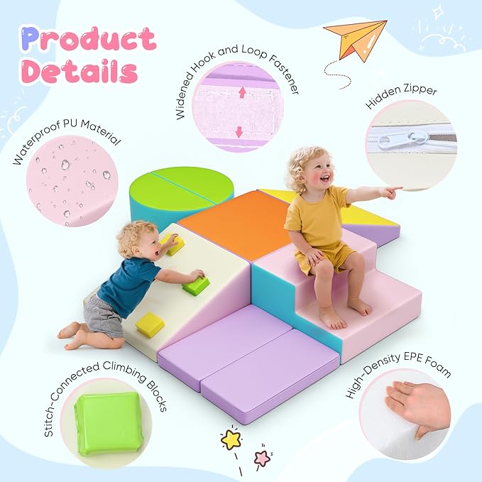 Lischwert Foam Climbing Blocks for Toddlers 1-3, 7pcs Soft Play Set with Crawling Exploration Toys, Indoor Outdoor Infant Safe Blocks for Baby Gym Toddler Playground
