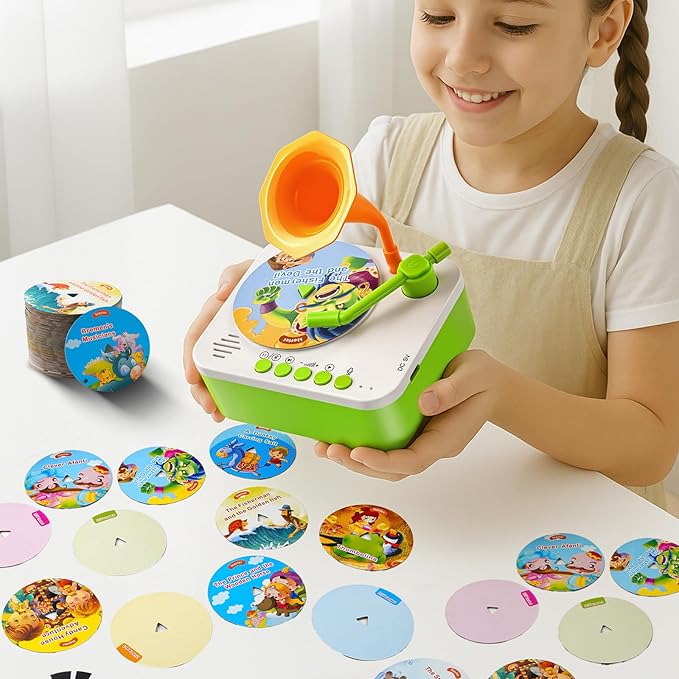 Kids Phonograph Toddler Record Player， with 96 Learning Cards, Early Education Machine Record Player Music Box Storyteller pop Speakers, Gift for Boys and Girls