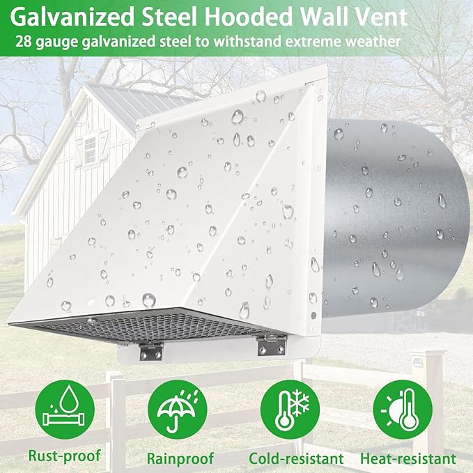 8 Inch Hooded Wall Vent with Screen and Damper,Outdoor Wall Exhaust Vent Cover Cap for Kitchen Range Hood Dryer Duct Ventilation &Exterior Air Exhaust Applications,Galvanized Steel,White