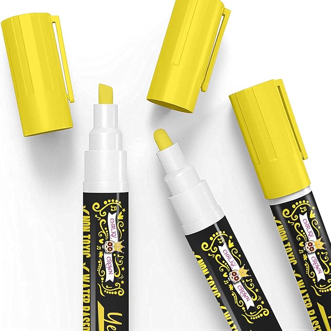 CHALKY CROWN Liquid Chalk Marker Pen - Dry Erase Marker - Chalk Markers for Chalkboard Signs, Windows, Blackboard, Glass - 6mm Reversible Tip (Yellow, 5 Pack)