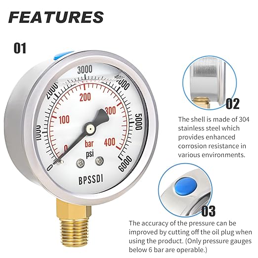 0-6000 Psi Glycerin Liquid Filled Hydraulic High Pressure Gauge, 2.5" Dial Size, 1/4" NPT Lower Mount, 304 Stainless Steel Case, for Water Oil Air Gas Pressure Test