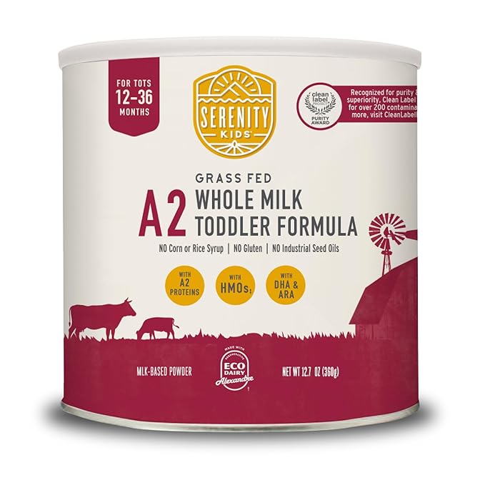 Serenity Kids 12-36 Months A2 Whole Milk Toddler Formula Powder - Organic Grass-Fed Milk Powder with Prebiotics & DHA & ARA for Brain & Eye Support - Clean Label Purity Award Certified - 21 Oz, 1 Pack