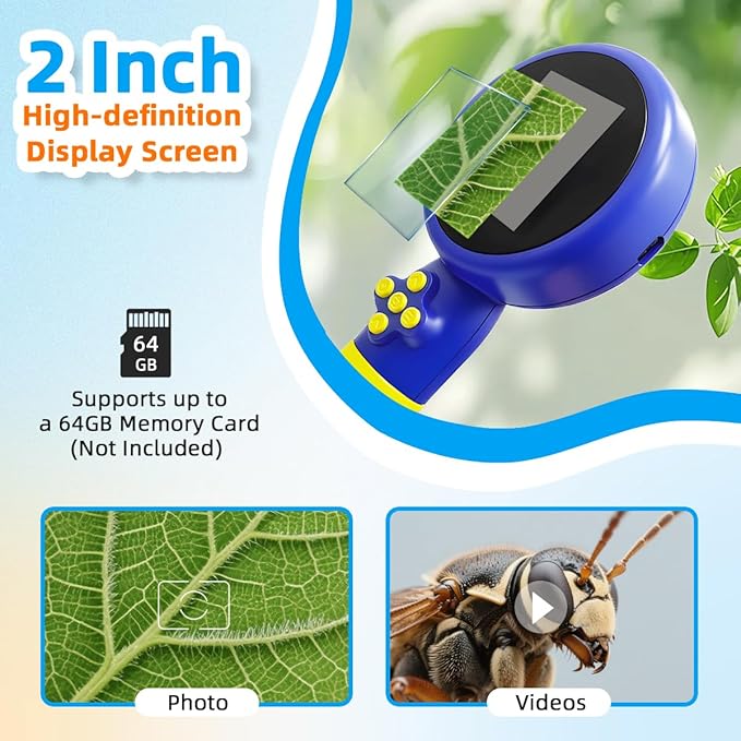 Kids Microscope with Bug Catcher Kit, 1080P Digital Mini Handheld Microscope STEM Science Toy with LED Light, Rechargeable, Portable, Supports 64GB TF Card, Educational Gift for Kids Ages 3-12 (Blue)