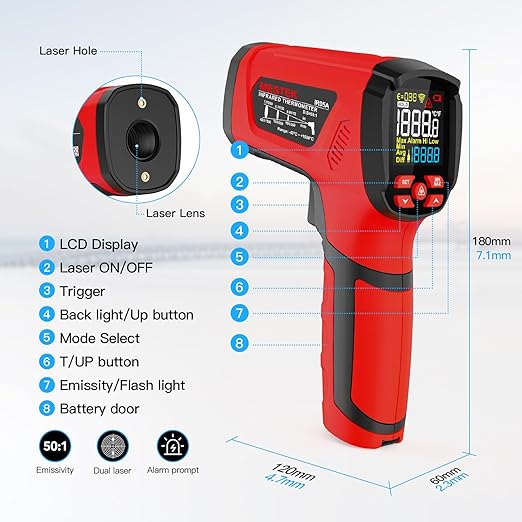 -40℉~2912℉ MESTEK Infrared Thermometer Temperature Gun,50:1 Dual Laser High Temp Thermometer with Thermocouple Probe, Non-Contact Industrial Pyrometer for Engine, Kiln, Forging,Humidity Measurement
