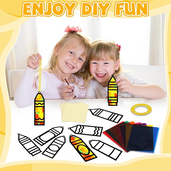32 Sets Back to School Crayon Suncatchers Craft Kit DIY Window Stained Glass Effect Crayons Paper Crafts for Home School Classroom Decoration Kid Birthday Gifts Creative Art Projects Activity Game