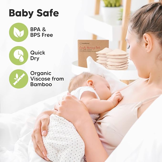 Organic Nursing Pads - 14 Washable Viscose Derived from Bamboo Breastfeeding Pads, Wash Bag, Reusable Breast Pads for Breastfeeding, Nipple Pads for Breastfeeding Essentials (Bare Beige, L 4.8")