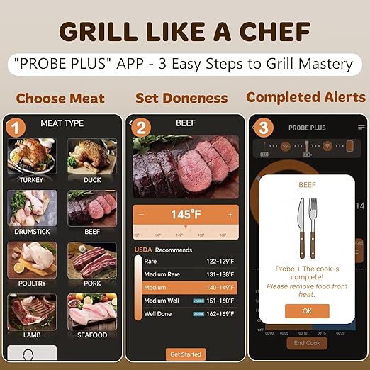 Accurate Smart Wireless Meat Thermometer - 4 Probes, Long Range Bluetooth, Real-time Alerts, Dishwasher Clean, Waterproof, Digital Cooking Thermometer for Grill, BBQ, Oven, Smoker