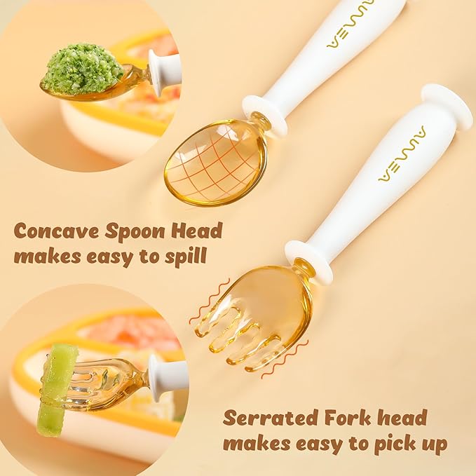 Toddler Forks and Spoons Set with travel case, Kids utensils for self-feeding bendable handle,Safe silicone Children Spoon and Fork,Toddler utensils,Silicone Grip and PPSU Head, Aged 6M+