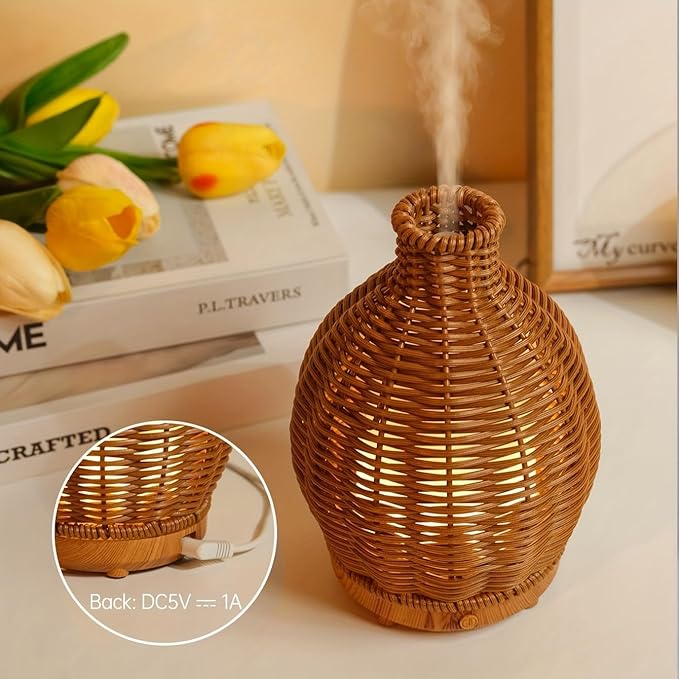 Aromatherapy Essential Oil Diffuser Rattan Woven Aroma Diffuser with Warm Light 80ML Cool Mist Humidifier Waterless Auto Shut-off for Home,Baby Bedroom,Office