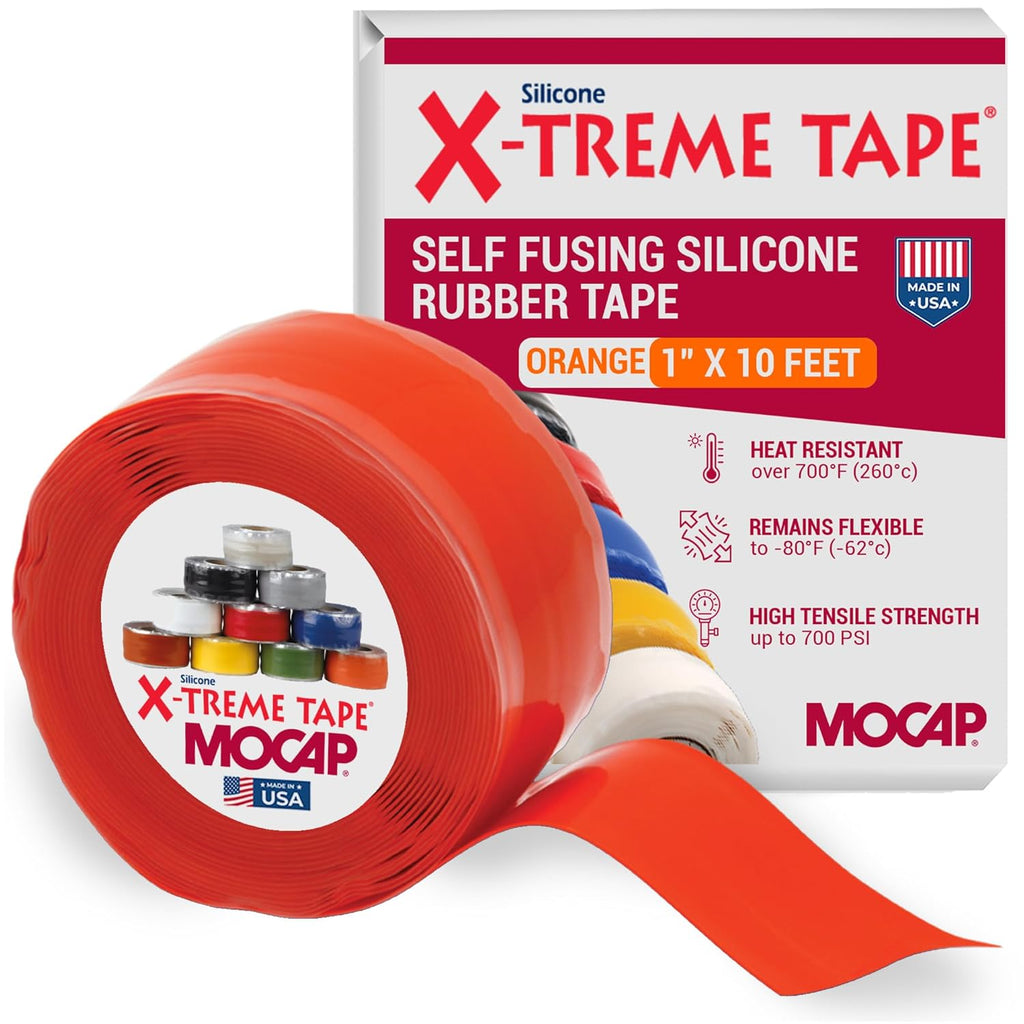 X-Treme Tape MOCAP Heavy Duty Electrical Tape, Self-Fusing Silicone Rubber, Waterproof & Insulating Flexible Tape, Electrical for Hose, Automotive, Outdoor & Repairs - 1" x 10ft Roll - Orange