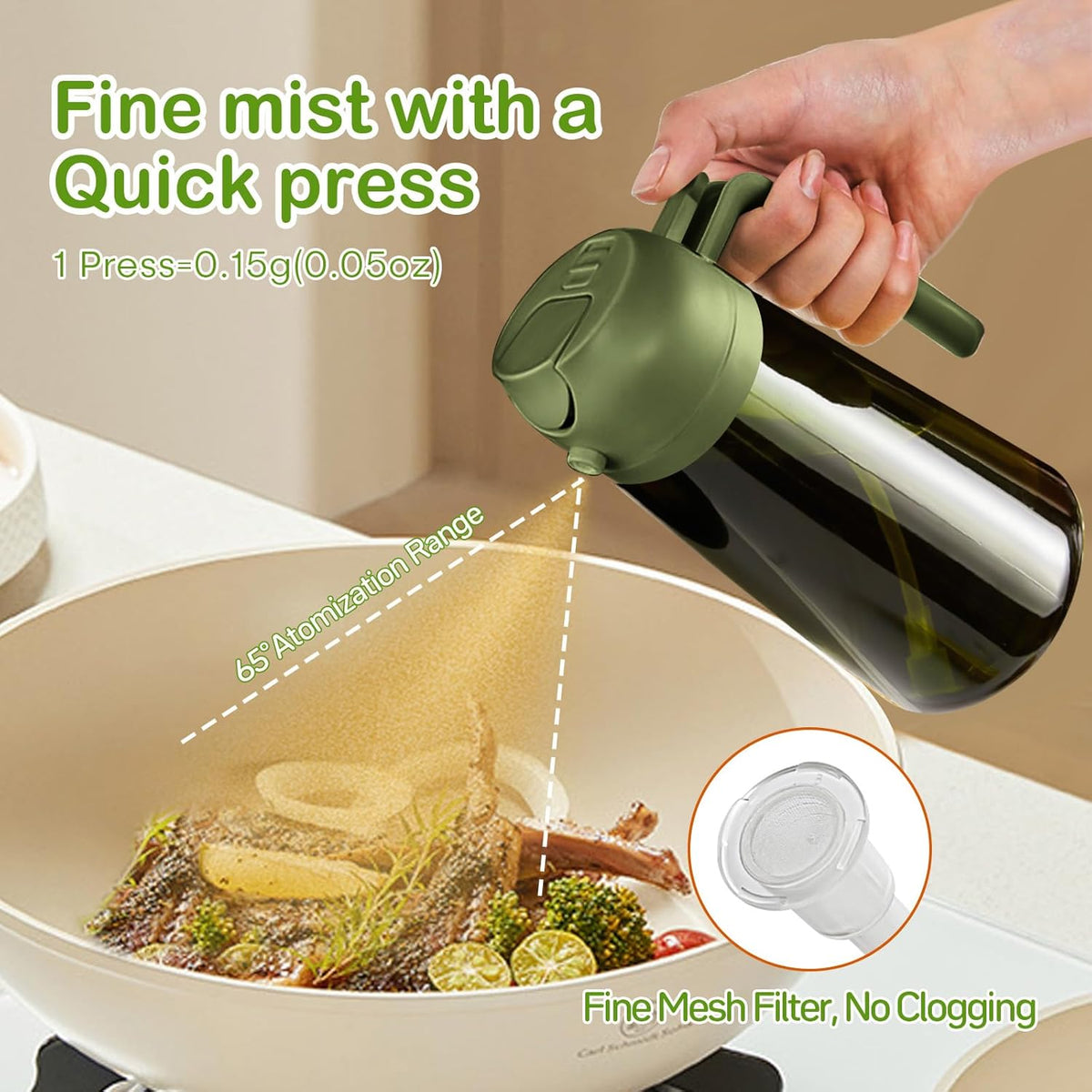 YARRAMATE 2Pcs 16oz/470ml Dark Green Oil Sprayer for Cooking with Stickers, Food-grade Premium 2 in 1 Olive Oil Dispenser Bottle for Kitchen Gadgets, Air Fryer, Salad, Frying, BBQ (Black&OliveGreen)