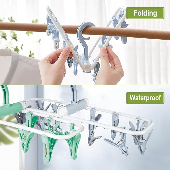 Clothes Drying Hanger with 12 Clips, 2 Pack Folding Portable Hanging Drying Rack,Drip Foldable Hanging Rack, 360° Rotatable Hook for Drying Towels Bras Baby Clothes Gloves Plastic(Blue&Green)